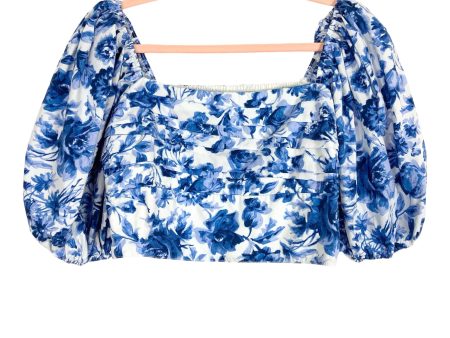 Abercrombie & Fitch Blue White Floral Pattern Cinched Puff Sleeve Crop Top- Size L on Sale