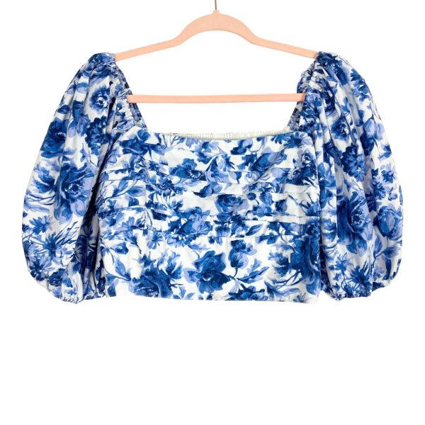 Abercrombie & Fitch Blue White Floral Pattern Cinched Puff Sleeve Crop Top- Size L on Sale