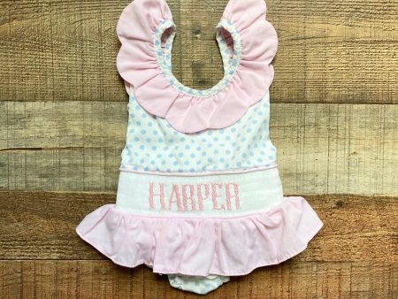 Poppy Kids Co. White with Blue Polka Dots and Pink Corduroy Ruffles Harper Smocked Bathing Suit- Size 9M Cheap