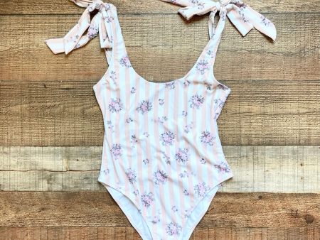 Show Me Your Mumu Beige White Striped with Floral Print and Tie Shoulder Straps One Piece- Size S (see notes) Supply