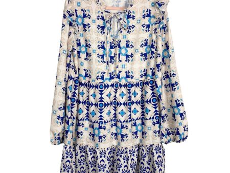 Shein Royal Blue Beige Light Blue Pattern with Front Tie Ruffle Dress- Size 8 10 Discount