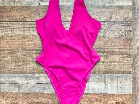 TA3 Neon Pink High Cut Plungey Lace Up Back Padded One Piece NWT- Size XL (Reg Long, sold out online) For Discount