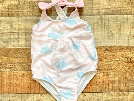 Sal & Pimenta Pink and White Striped Whale Print Swimsuit- Size 2T For Sale