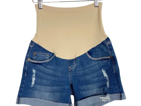 Indigo Blue Maternity Elastic Belly Band Rolled Hem Distressed Jean Shorts- Size XS on Sale