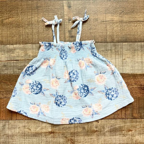 Mudpie Light Blue Gauze with Blue Pink Flowers Bow Strap Tank- Size 2T-3T Online