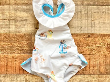 Sal & Pimenta White and Blue Polka Dot Little Girl Dog Print Ruffle Swimsuit- Size 12M Fashion