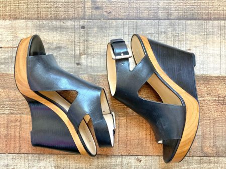 MICHAEL Michael Kors Black Leather Open Toe Cut Out Side Wedge Sandals- Size 9.5 Hot on Sale