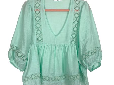 Vestique Mint with Diamond Pattern Sheer Detail Balloon Sleeves Top- Size M Cheap