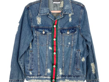 Michelle Roy Los Angeles AUTOGRAPHED Distressed Ribbon Trim with Sequins Wolf Applique Back Denim Jacket- Size S Hot on Sale