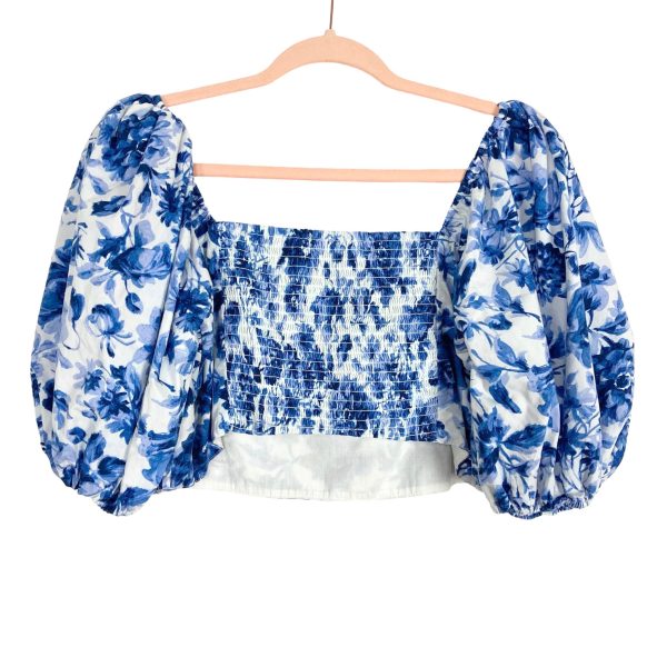 Abercrombie & Fitch Blue White Floral Pattern Cinched Puff Sleeve Crop Top- Size L on Sale