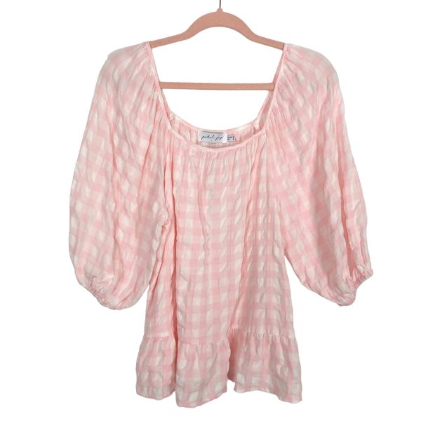 Petal + Pup Pink Ivory Checkered Pattern with Balloon Sleeves Top NWT- Size 6 Hot on Sale