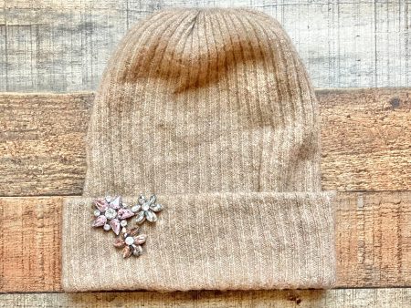 Express Mocha with Rhinestone Flowers Knit Beanie- Size OS Hot on Sale