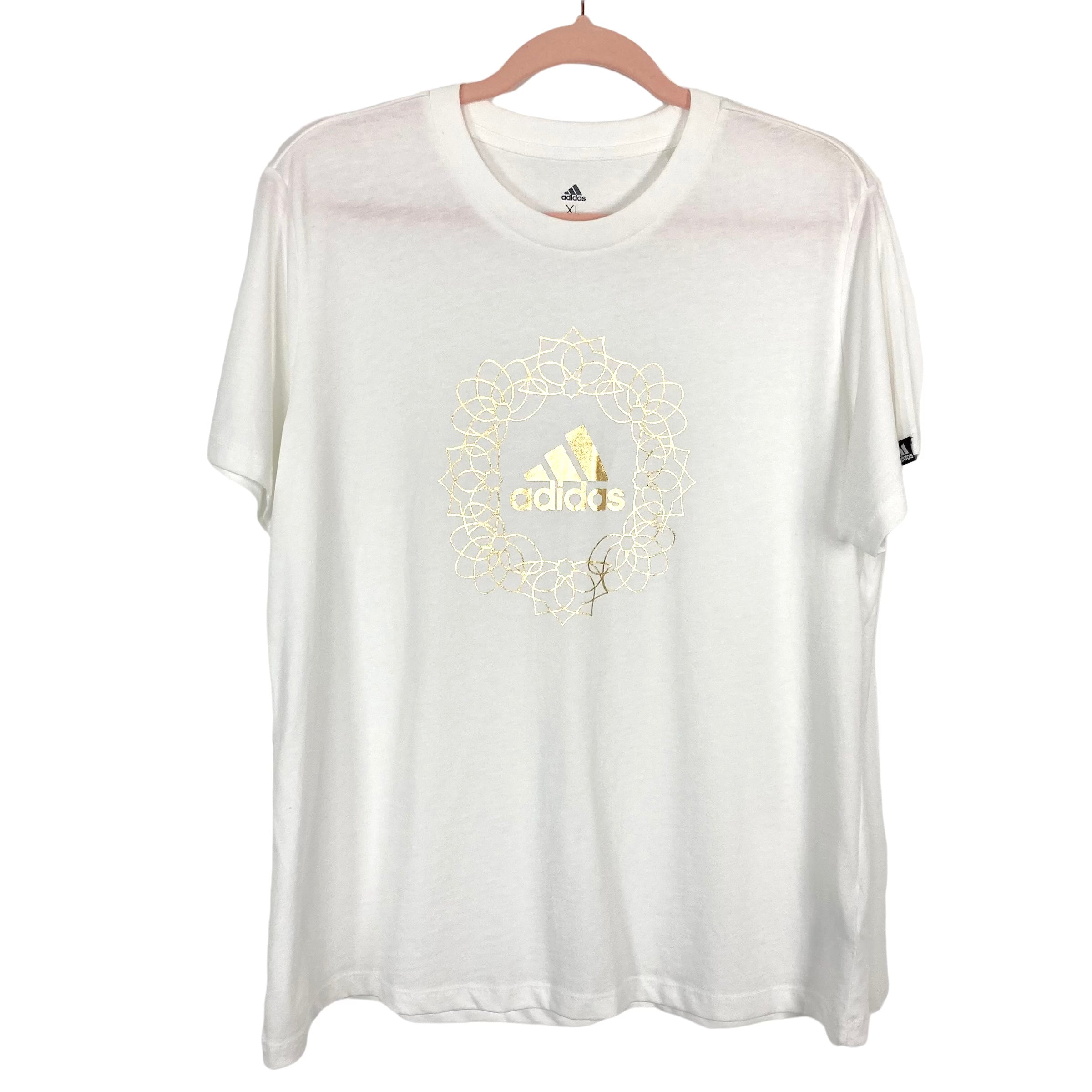 Adidas White with Gold Floral Wreath and Logo Tee- Size XL For Sale