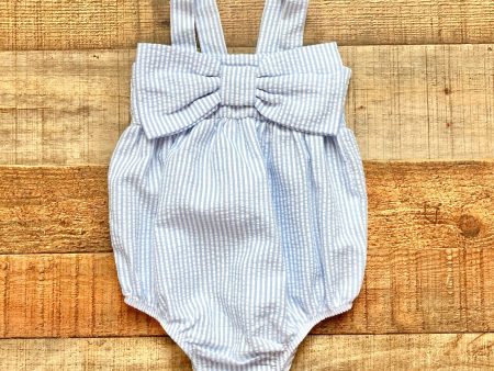 Mudpie Blue and White Front Bow Seersucker Swimsuit- Size 9-12M Online now