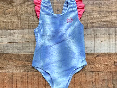 Prodoh Blue and White Striped Pink Ruffle and Bow Seersucker One Piece- Size 3T Online