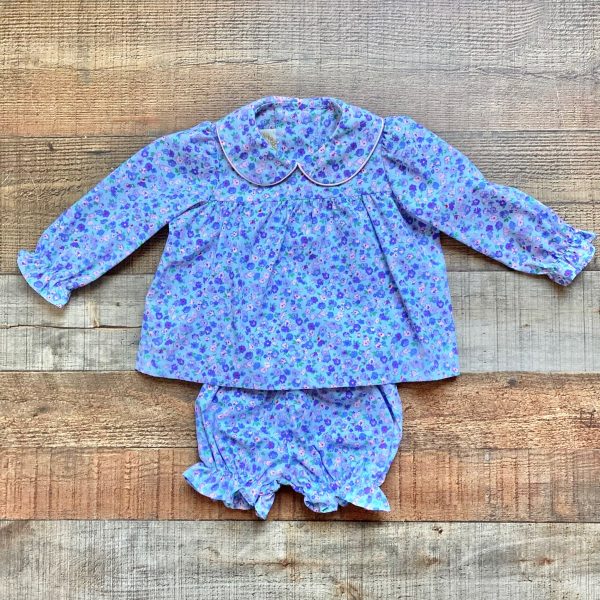 The Beaufort Bonnet Company Blue and Purple Floral Print Dress with Matching Bloomers- Size 12-18M (sold as a set) on Sale