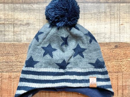 Moon Kitty Gray Navy Stripes and Stars Fleece Lined Knit Pom with Ear Flaps Beanie NWT- Size 53cm Sale