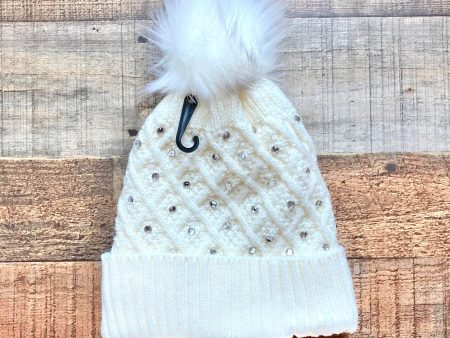 Eyefull Ivory with Faux Crystals Fleece Lined Knit Pom Beanie NWT Online Sale