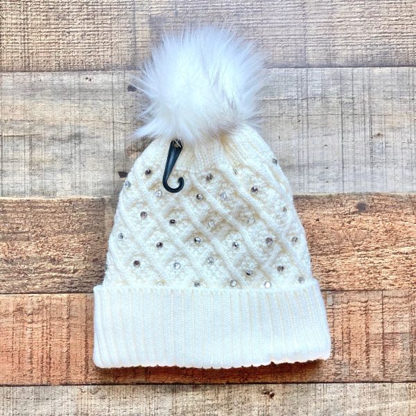 Eyefull Ivory with Faux Crystals Fleece Lined Knit Pom Beanie NWT Online Sale