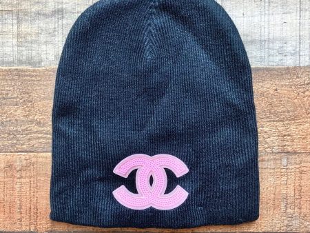 No Brand Black with Pink Sequin Logo Knit Beanie For Cheap