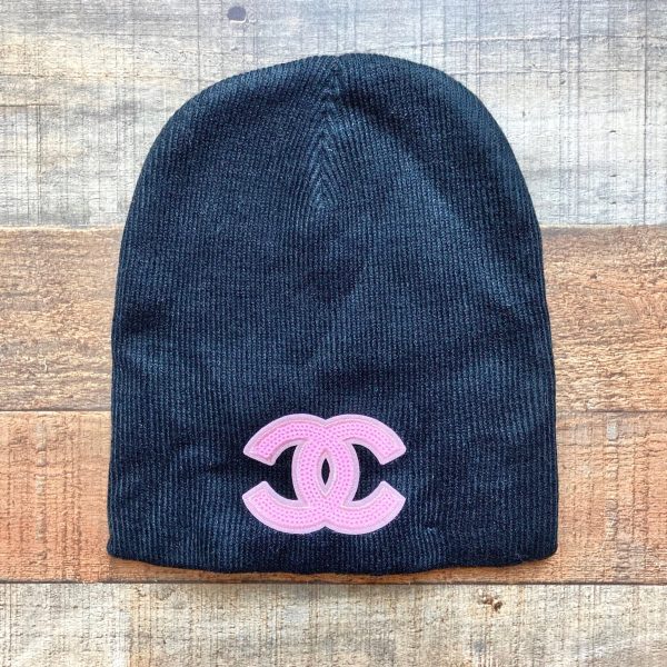 No Brand Black with Pink Sequin Logo Knit Beanie For Cheap