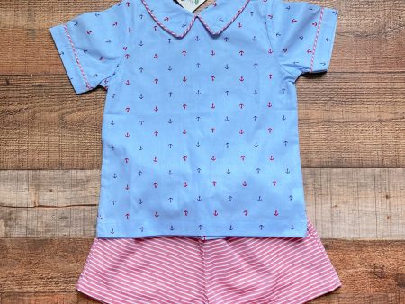 The Oaks Apparel Light Blue with Navy Red Anchor Pattern Shirt with Red White Striped Shorts Set NWT- Size 4 (we have matching girls outfit) Online Sale