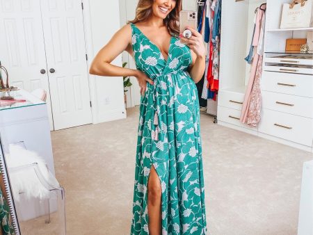 Aakaa Green Floral Wrap Bodice Deep V-Neck with Tassel Tie Back Maxi Dress- Size M Hot on Sale