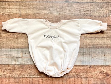 Maxwell Monograms Cream Harper Long Sleeve Onesie- Size 12-18M For Sale