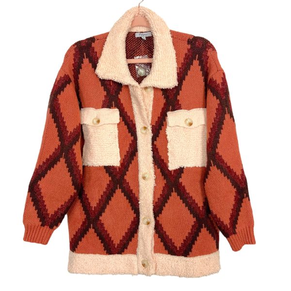 Polagram Salmon Rust Brown Pattern with Cream Trim Shacket- Size S For Cheap