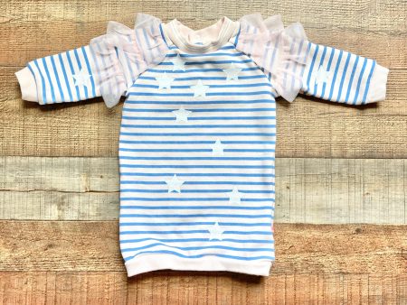 Billieblush Pale Pink Blue Stripes with Lace Shoulder Ruffles and Glitter Stars Sweatshirt Dress- Size 12M Fashion