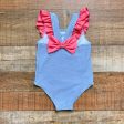 Prodoh Blue and White Striped Pink Ruffle and Bow Seersucker One Piece- Size 3T Online