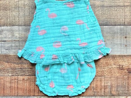 Angel Dear Mint Flamingo Print Muslin Criss Cross Back Dress with Bloomers- Size 3-6M (we have matching blanket) Supply