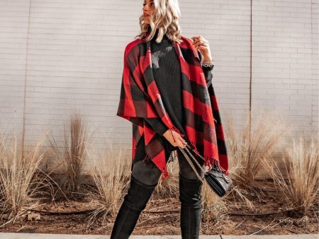 Abercrombie & Fitch Red Black Buffalo Plaid Fringe Poncho (sold out online) Online now