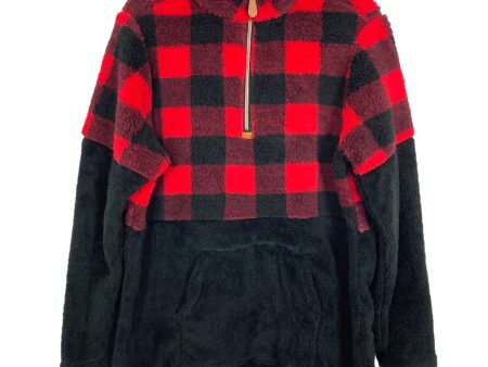 Pink Lily Red Black Buffalo Plaid and Black Color Block Front Pocket Quarter Zip Fleece Pullover- Size M Hot on Sale