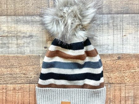 Panache Taupe Gray Brown Black Striped Fleece Lined Knit Pom Beanie For Sale