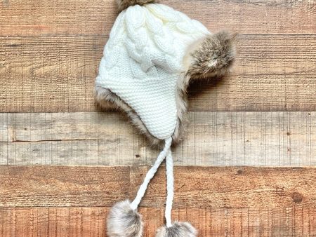 Old Navy White Cable Knit with Fur Lining and Poms Trapper Hat- Size L XL on Sale