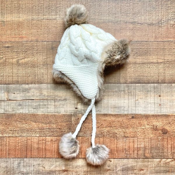 Old Navy White Cable Knit with Fur Lining and Poms Trapper Hat- Size L XL on Sale