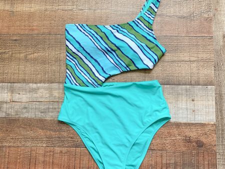 Aerie Greens White Striped One Shoulder Side Cutout Padded Cheeky One Piece NWT- Size S Online Hot Sale