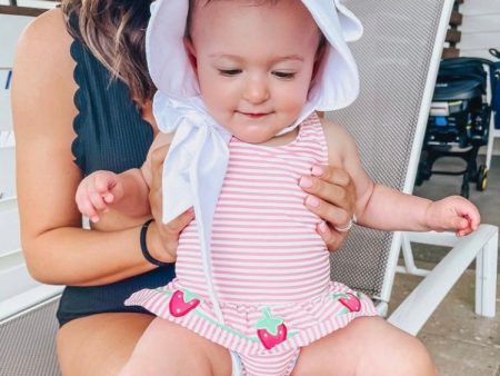 Florence Eiseman Pink and White Striped Strawberry Print Swimsuit- Size 9M For Sale