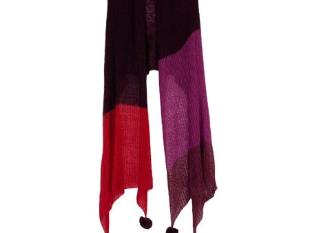 No Brand Eggplant Wine Berry Red Color Block Open Knit Poms Scarf Online Sale