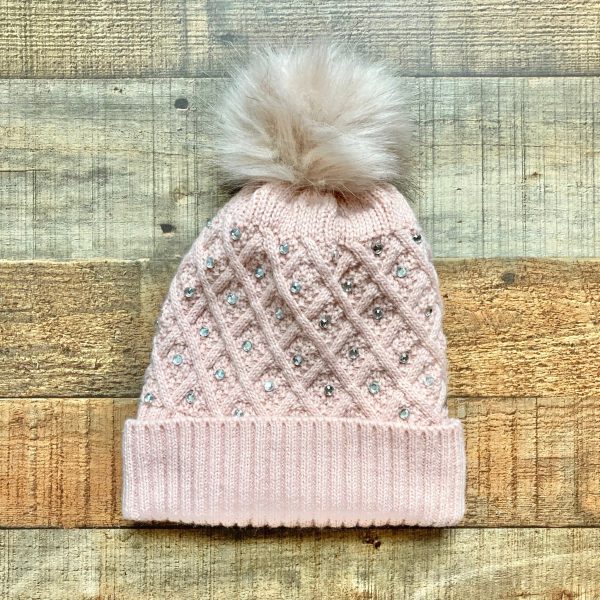 Eyefull Blush with Faux Crystals Fleece Lined Knit Pom Beanie Sale