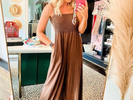 No Brand Brown Tie Straps Smocked Bodice Wide Leg Jumpsuit- Size S (see notes) on Sale