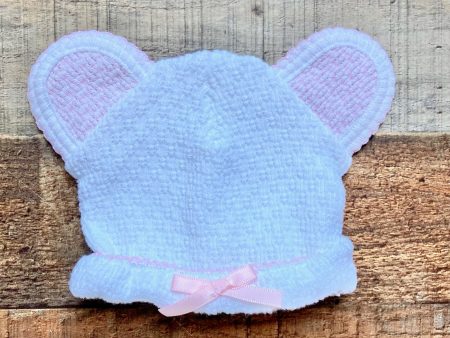 No Brand White Pink with Animal Ears and Bow Baby Hat- Size ~NB (see notes) For Discount