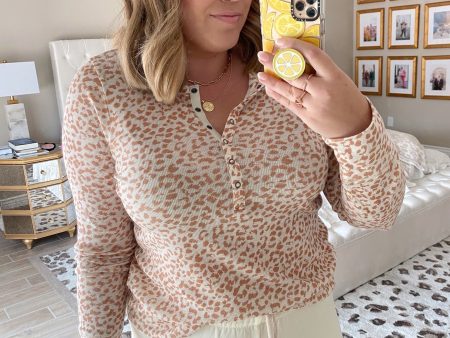 Aerie Cream Caramel Animal Print Ribbed Knit Henley- Size L (sold out online) Online Sale