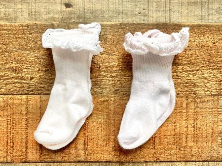 No Brand Two Sets of White Eyelet Cuff Socks- Size ~0-6M (see notes) For Cheap