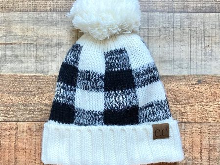 C.C White Black Plaid Fleece Lined Knit Pom Beanie For Sale